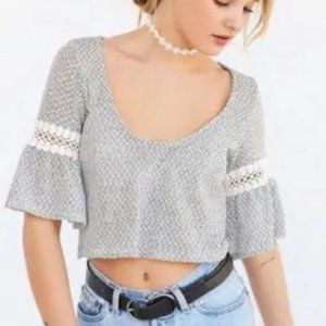 UO Kimchi Blue Fall Festival Chic Crochet Bell Sleeve Crop Top Black White